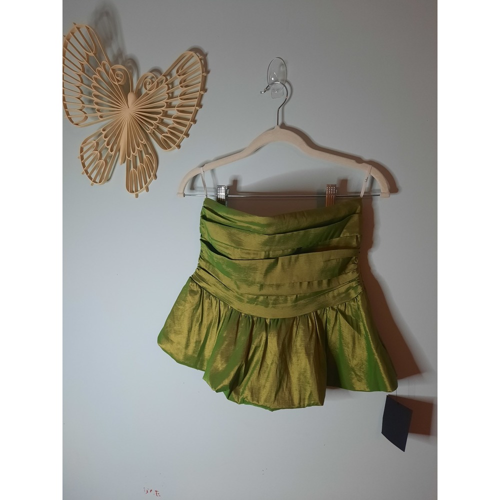 Lulus Sz Large Green Satin Strapless Peplum‎ Ruffle Pleated Cropped Blouse,